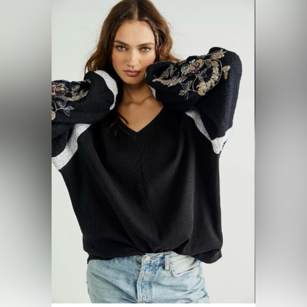 Free People Better Together Black Sequin Top XS Embellished Long Sleeves